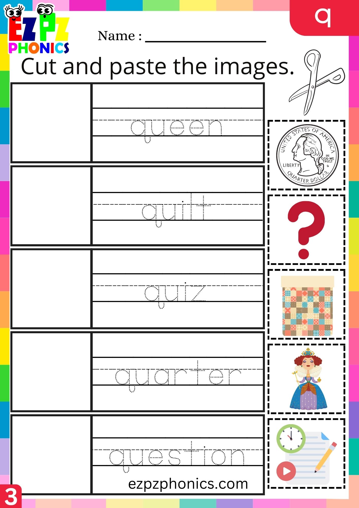 Letter q Cut and Paste the Images and Write the Words Group 3